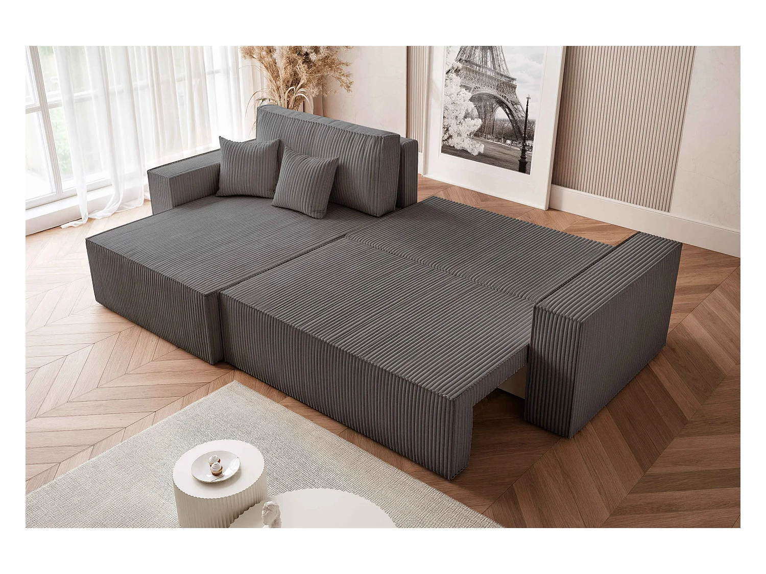 Canapé d'angle convertible tissu velours côtelé graphite