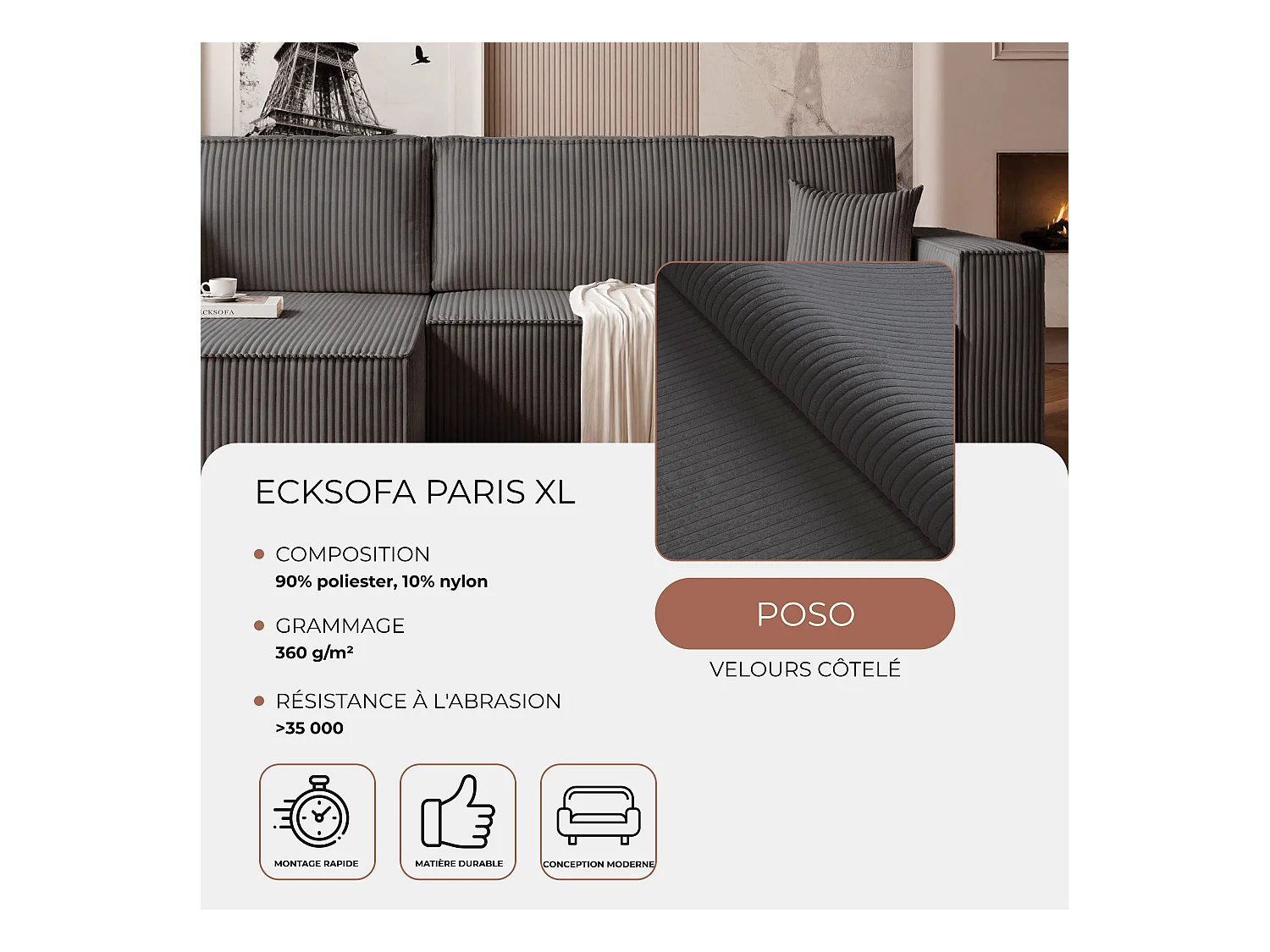 Canapé d'angle convertible tissu velours côtelé graphite