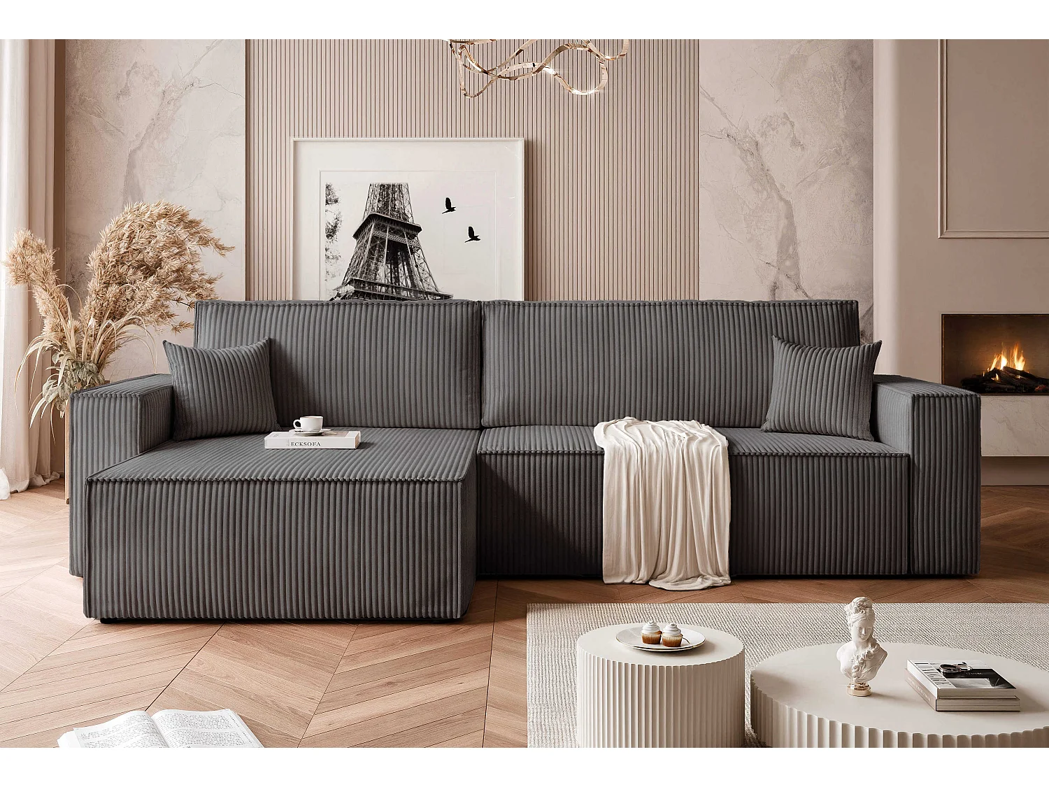 Canapé d'angle convertible tissu velours côtelé graphite