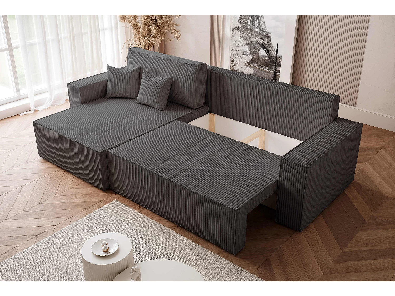 Canapé d'angle convertible tissu velours côtelé graphite