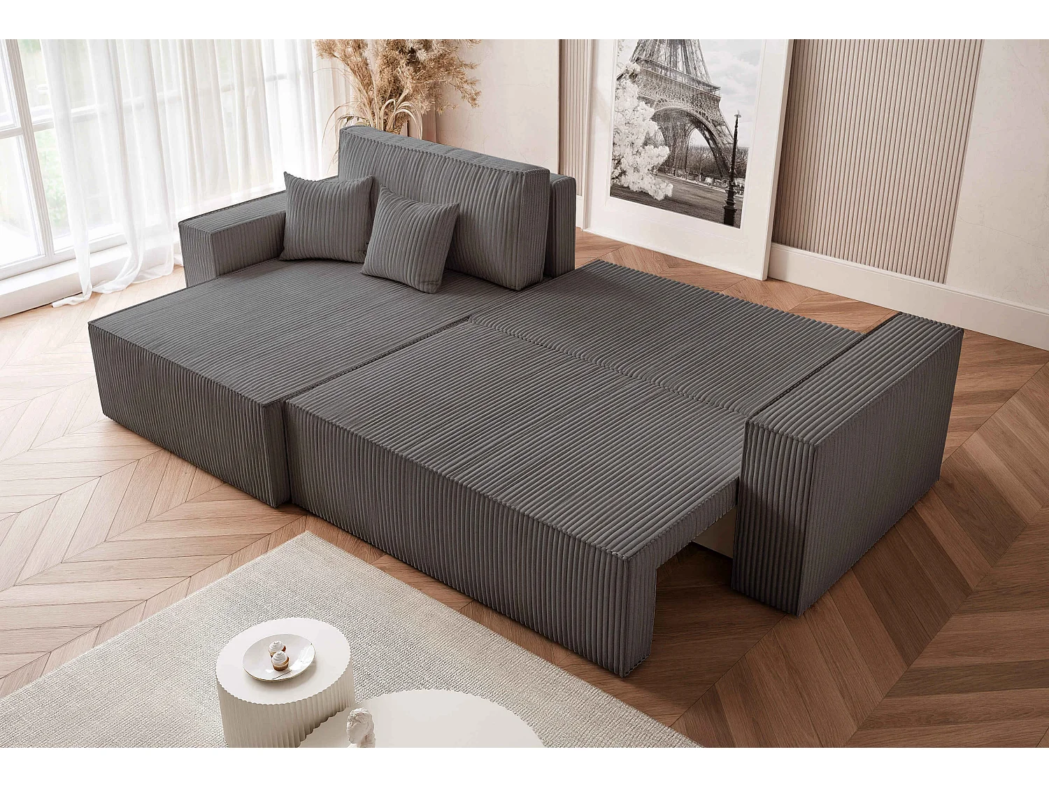 Canapé d'angle convertible tissu velours côtelé graphite