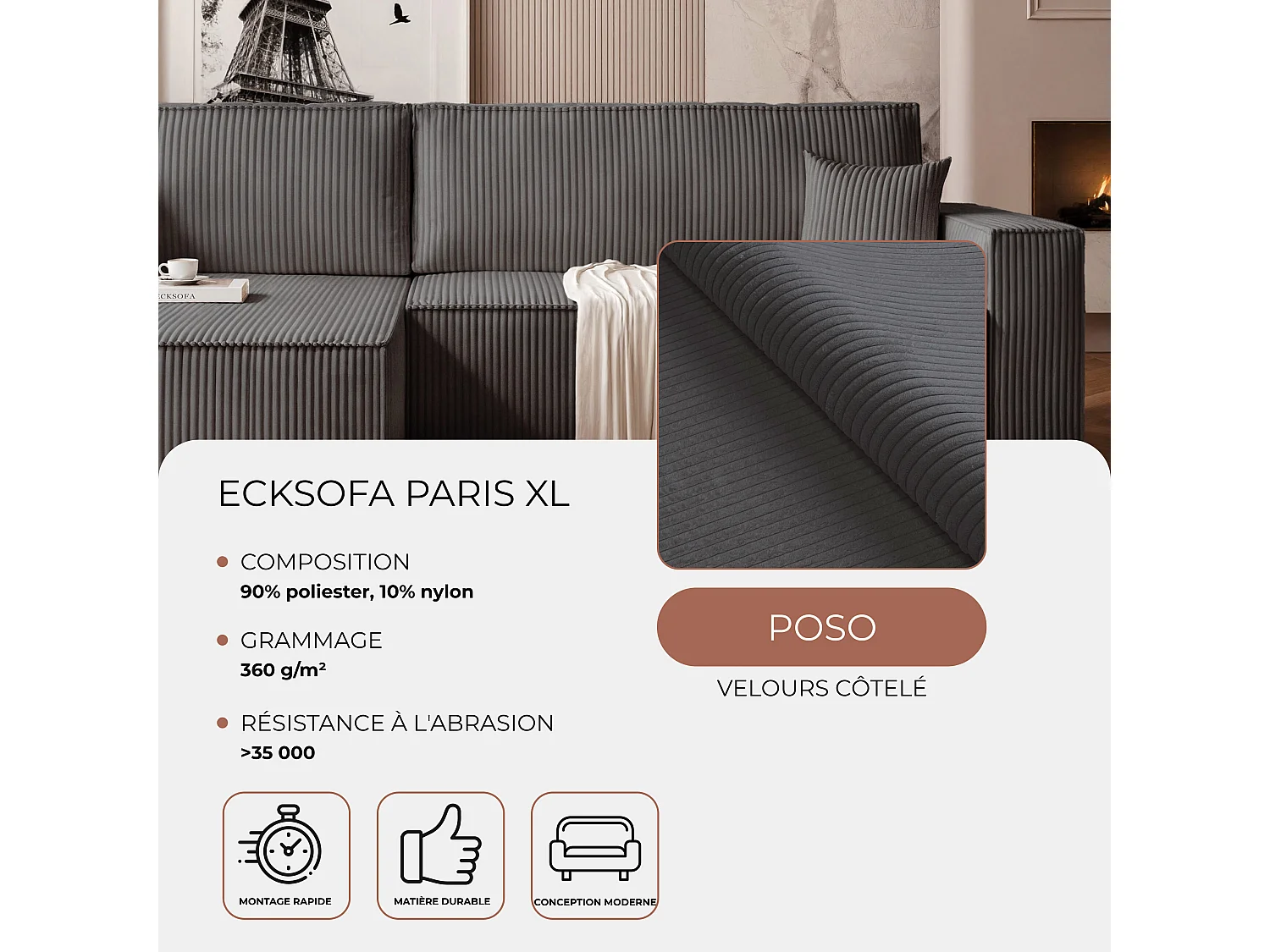 Canapé d'angle convertible tissu velours côtelé graphite