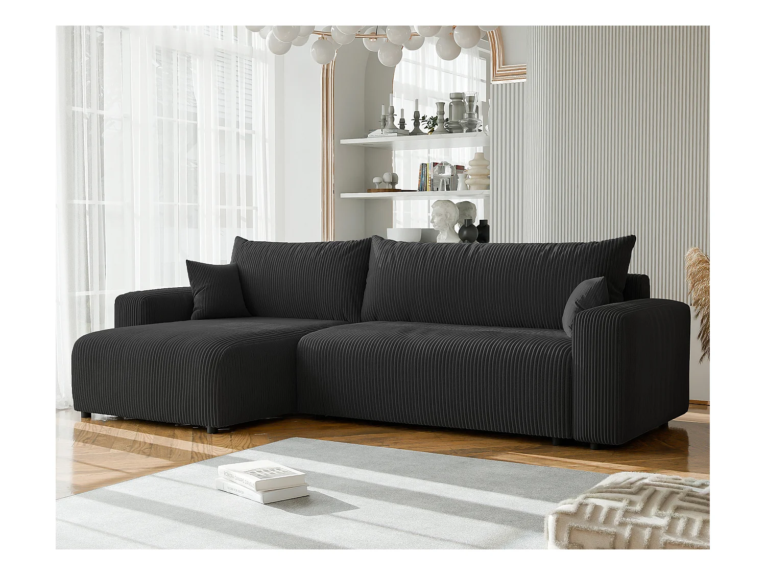 Canapé d'angle convertible tissu velours côtelé noir