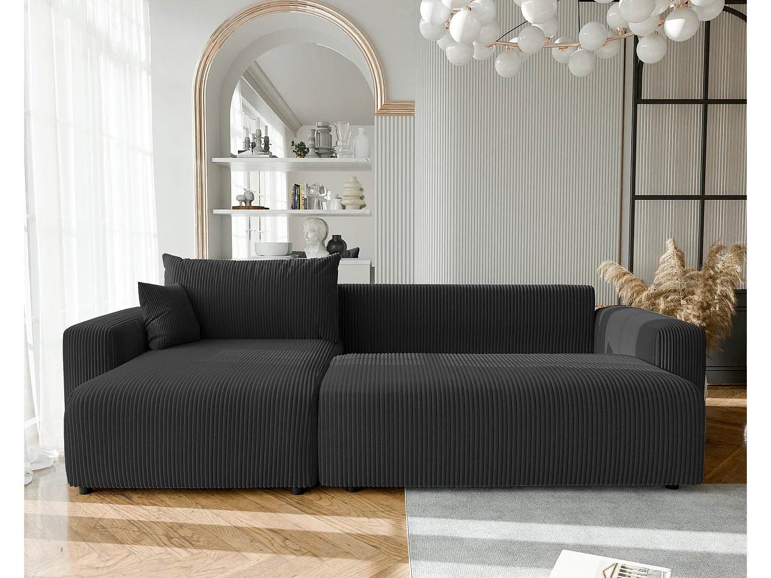 Canapé d'angle convertible tissu velours côtelé noir