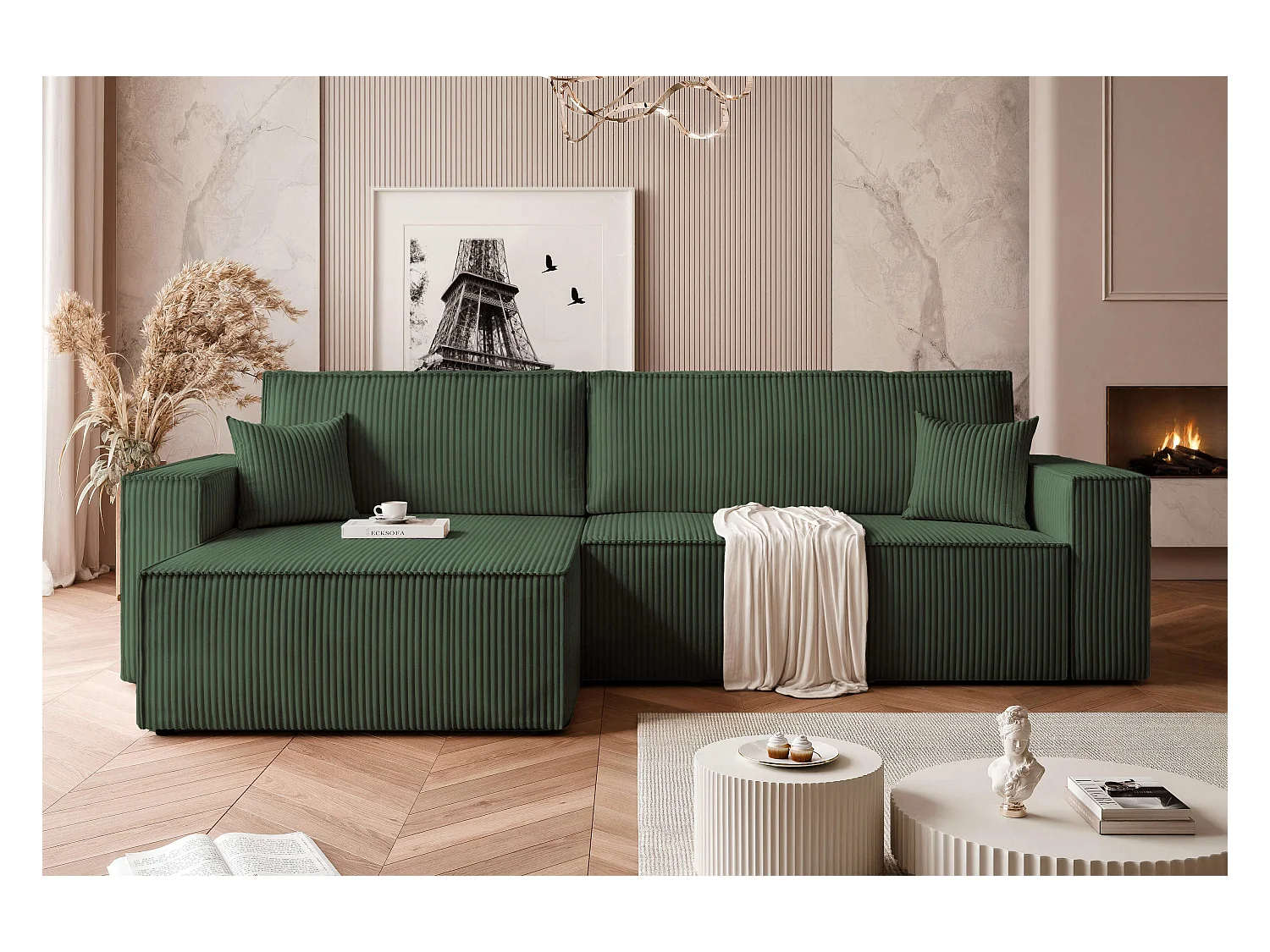 Canapé d'angle convertible tissu velours côtelé vert bouteille