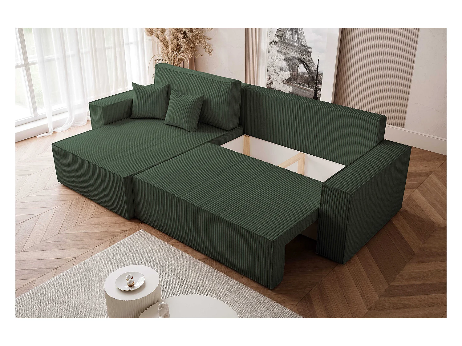 Canapé d'angle convertible tissu velours côtelé vert bouteille