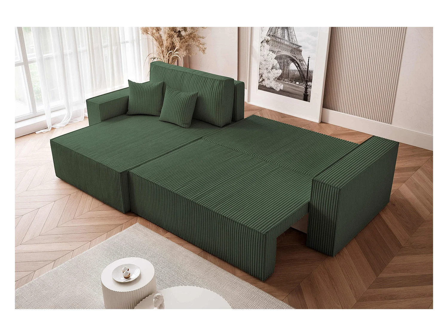 Canapé d'angle convertible tissu velours côtelé vert bouteille
