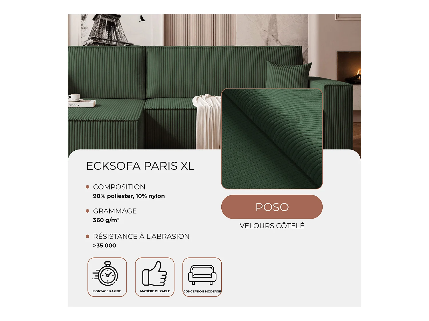 Canapé d'angle convertible tissu velours côtelé vert bouteille