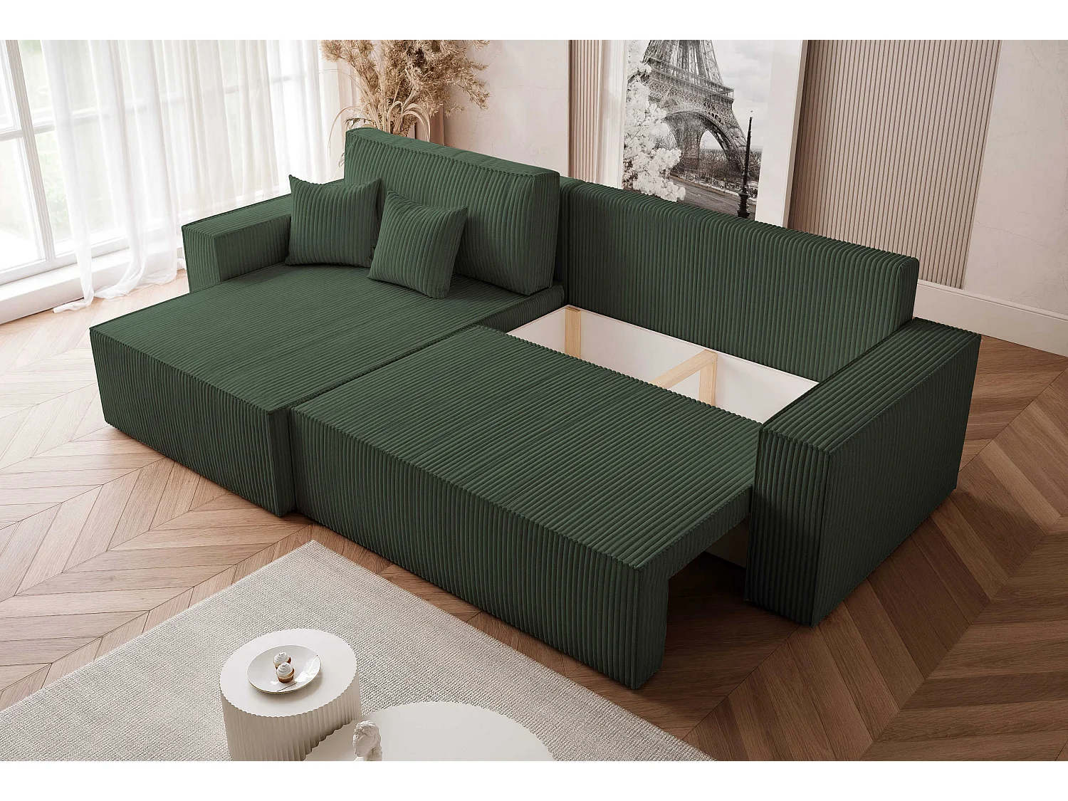 Canapé d'angle convertible tissu velours côtelé vert bouteille