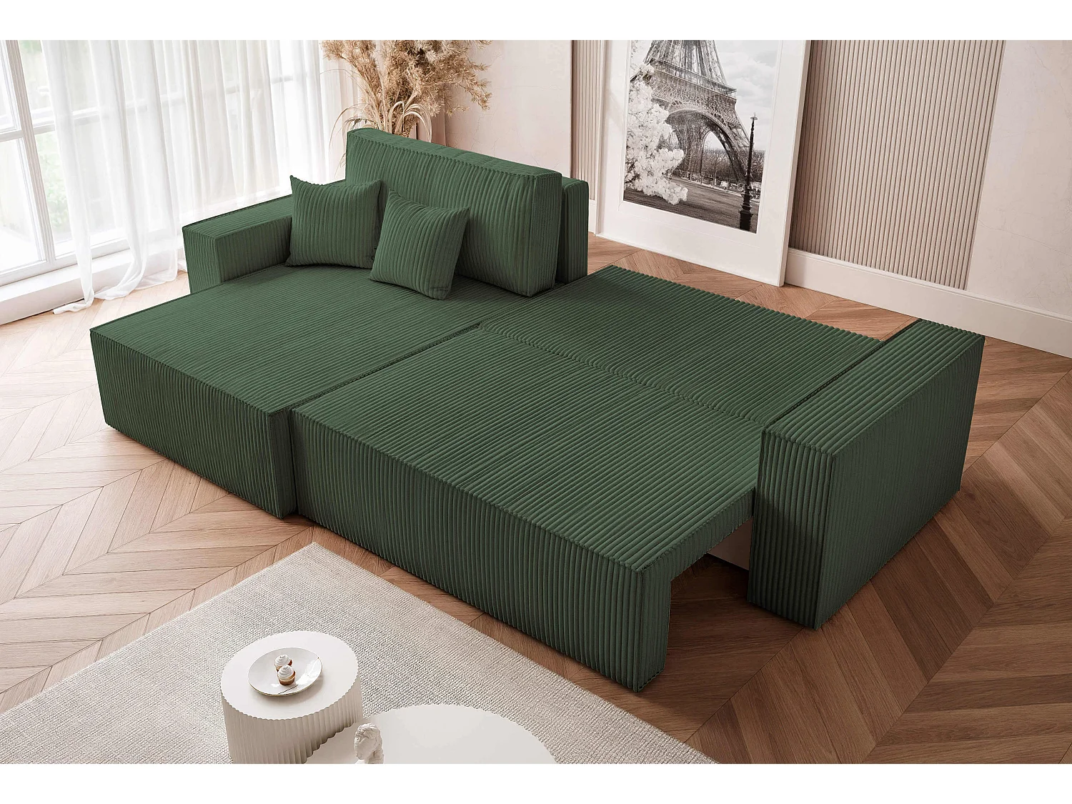 Canapé d'angle convertible tissu velours côtelé vert bouteille