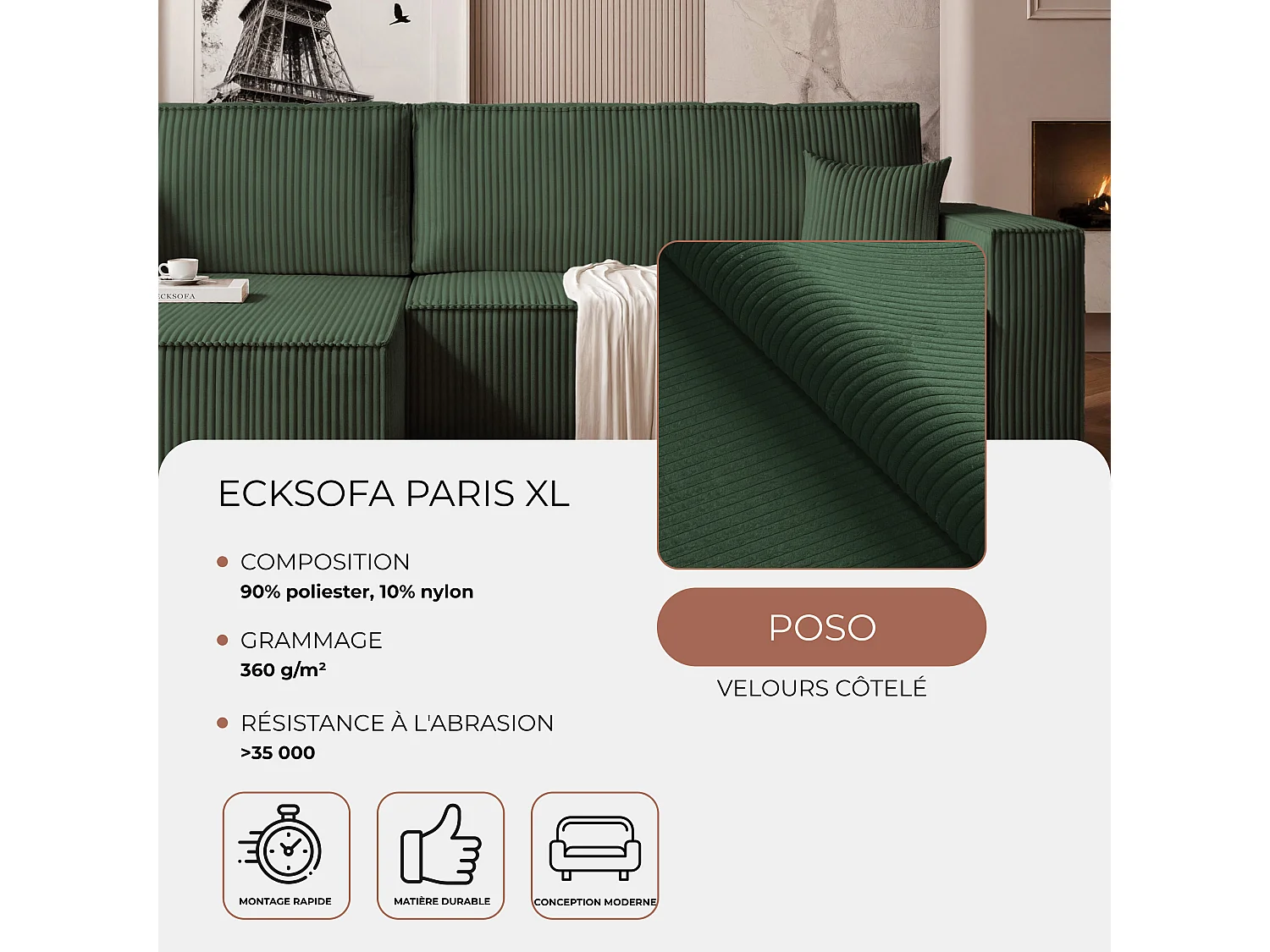 Canapé d'angle convertible tissu velours côtelé vert bouteille