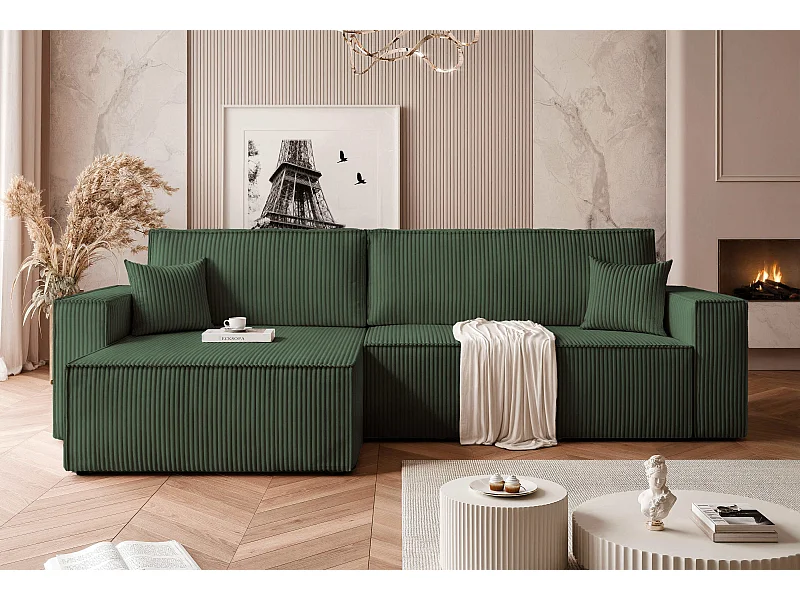 Canapé d'angle convertible tissu velours côtelé vert bouteille