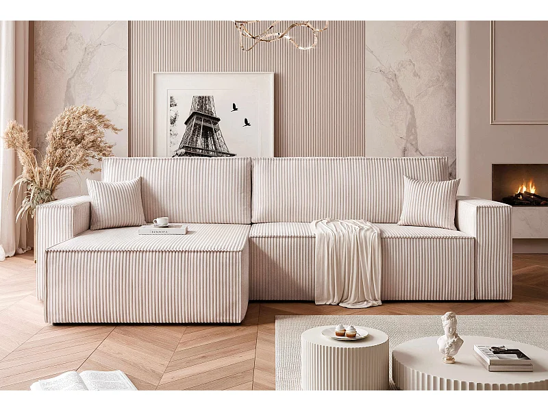 Canapé d'angle convertible tissu velours côtelé vanille