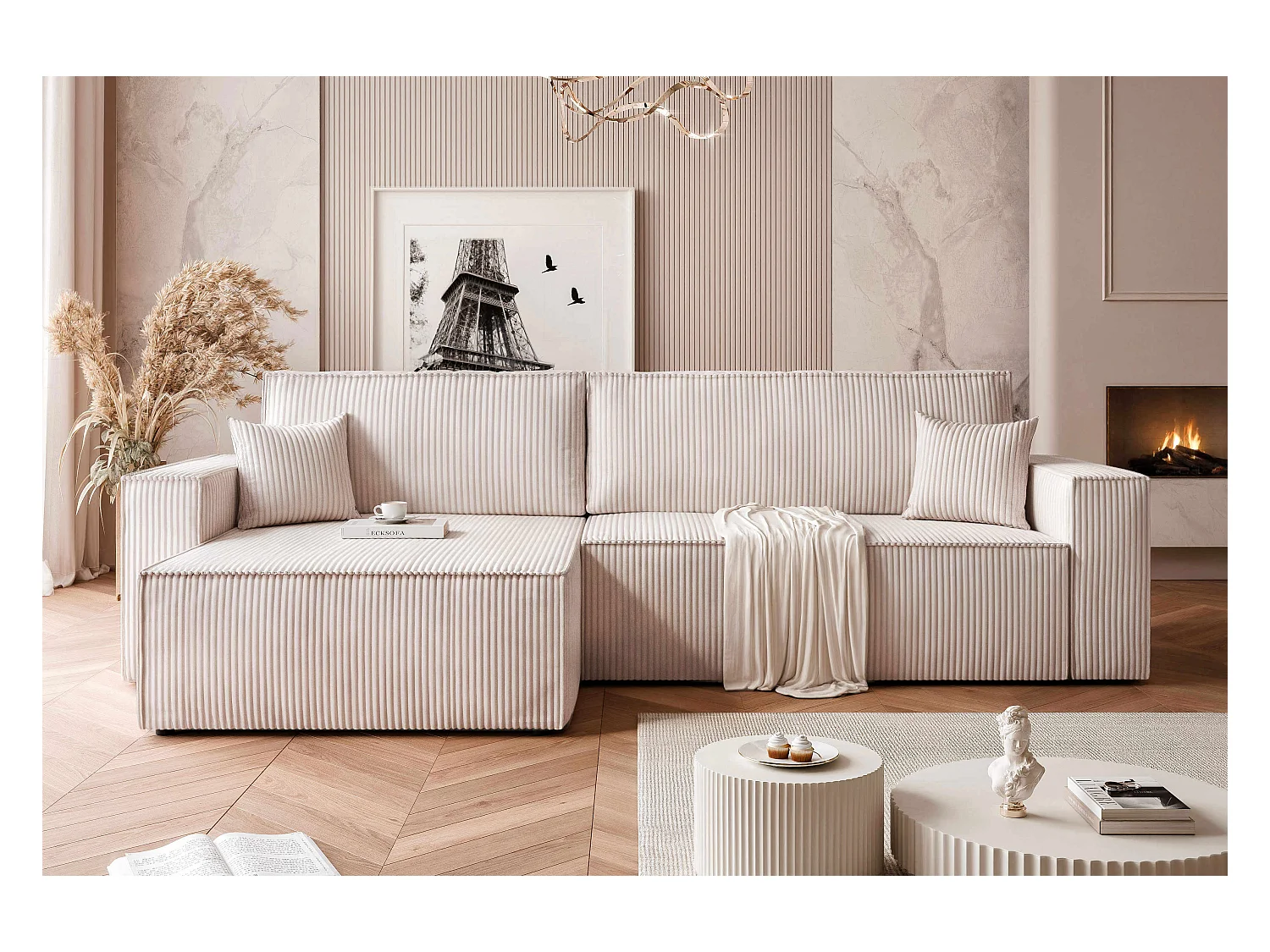 Canapé d'angle convertible tissu velours côtelé vanille