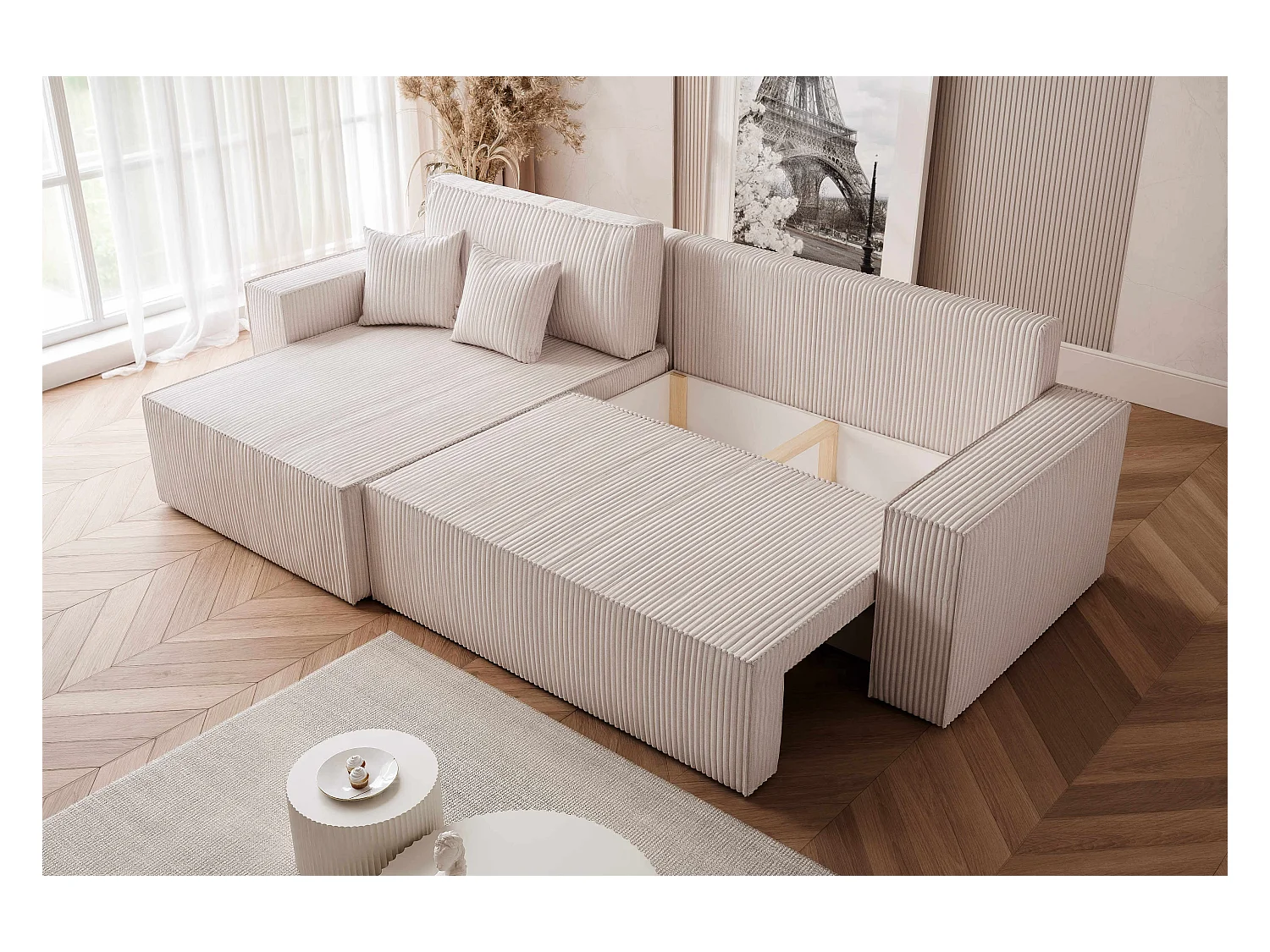 Canapé d'angle convertible tissu velours côtelé vanille