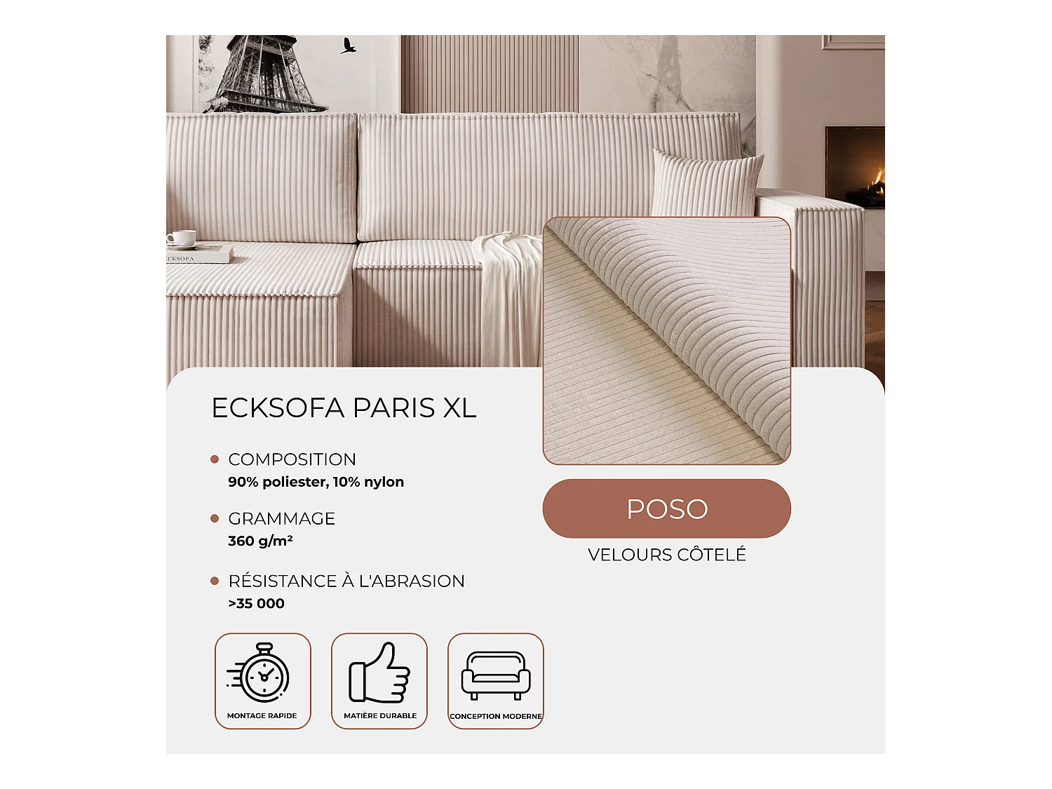 Canapé d'angle convertible tissu velours côtelé vanille