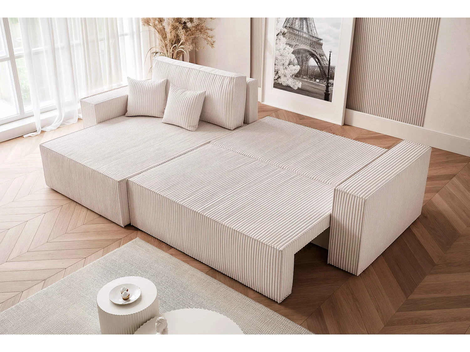 Canapé d'angle convertible tissu velours côtelé vanille