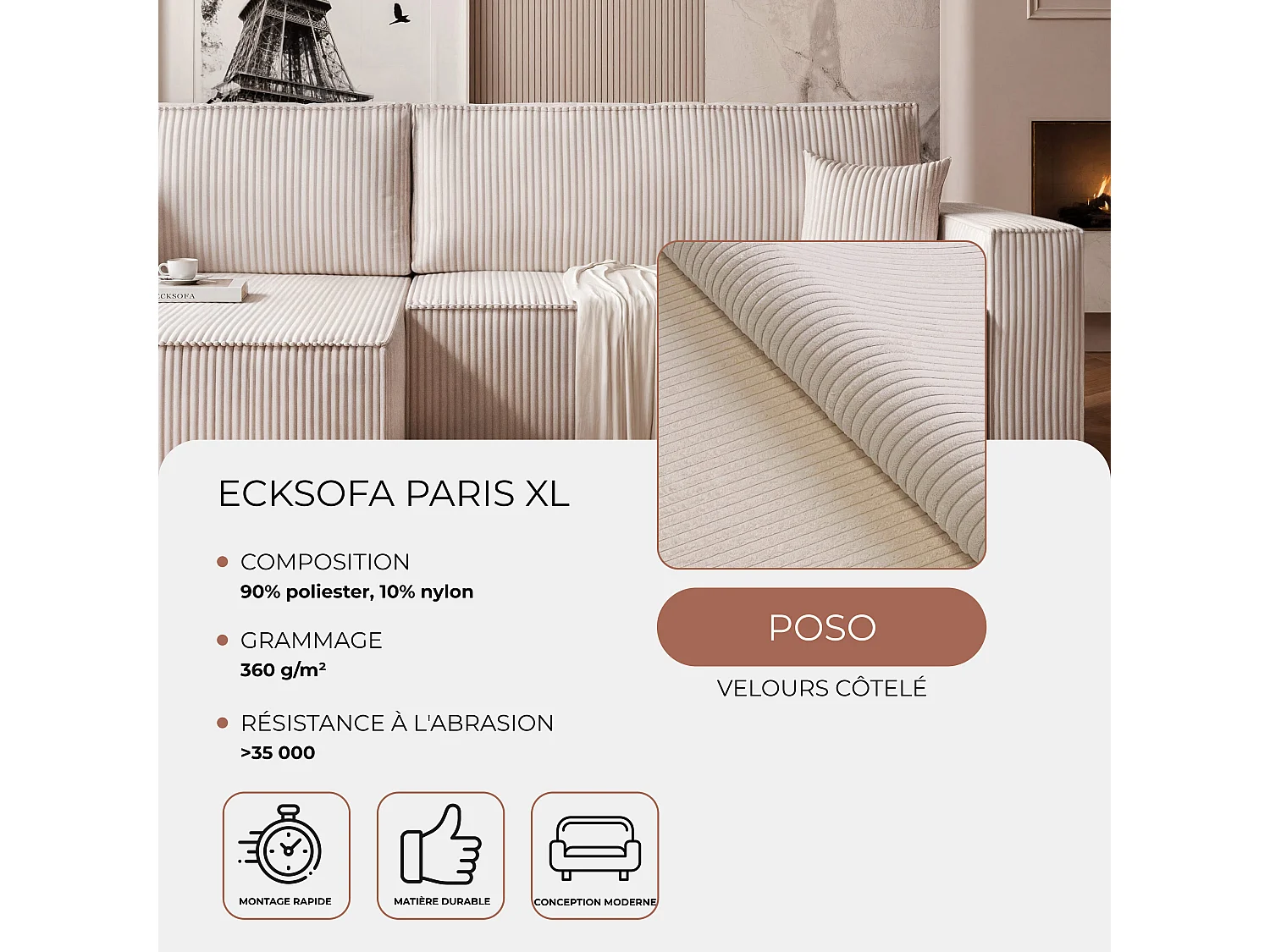 Canapé d'angle convertible tissu velours côtelé vanille