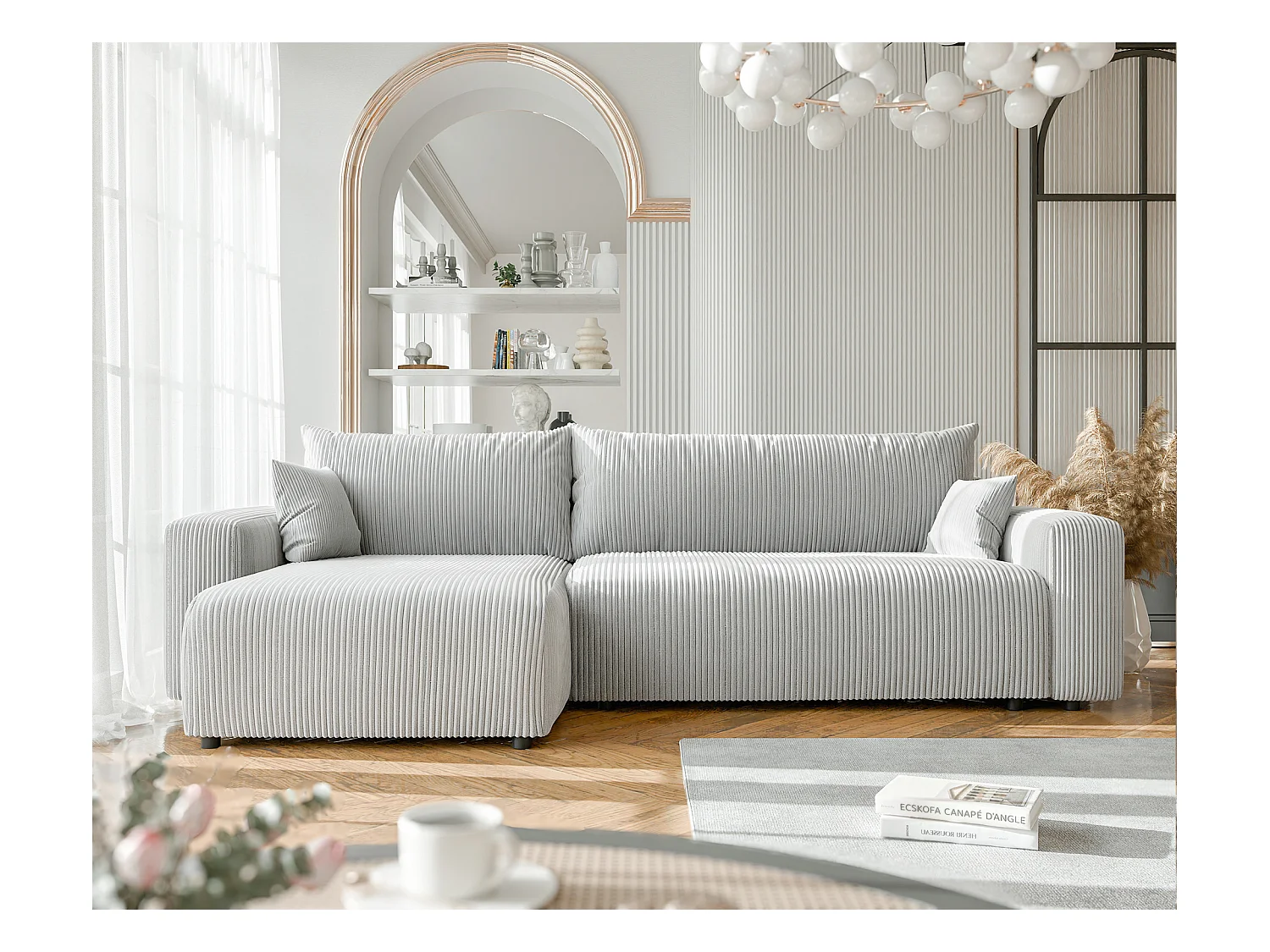 Canapé d'angle convertible tissu velours côtelé gris clair