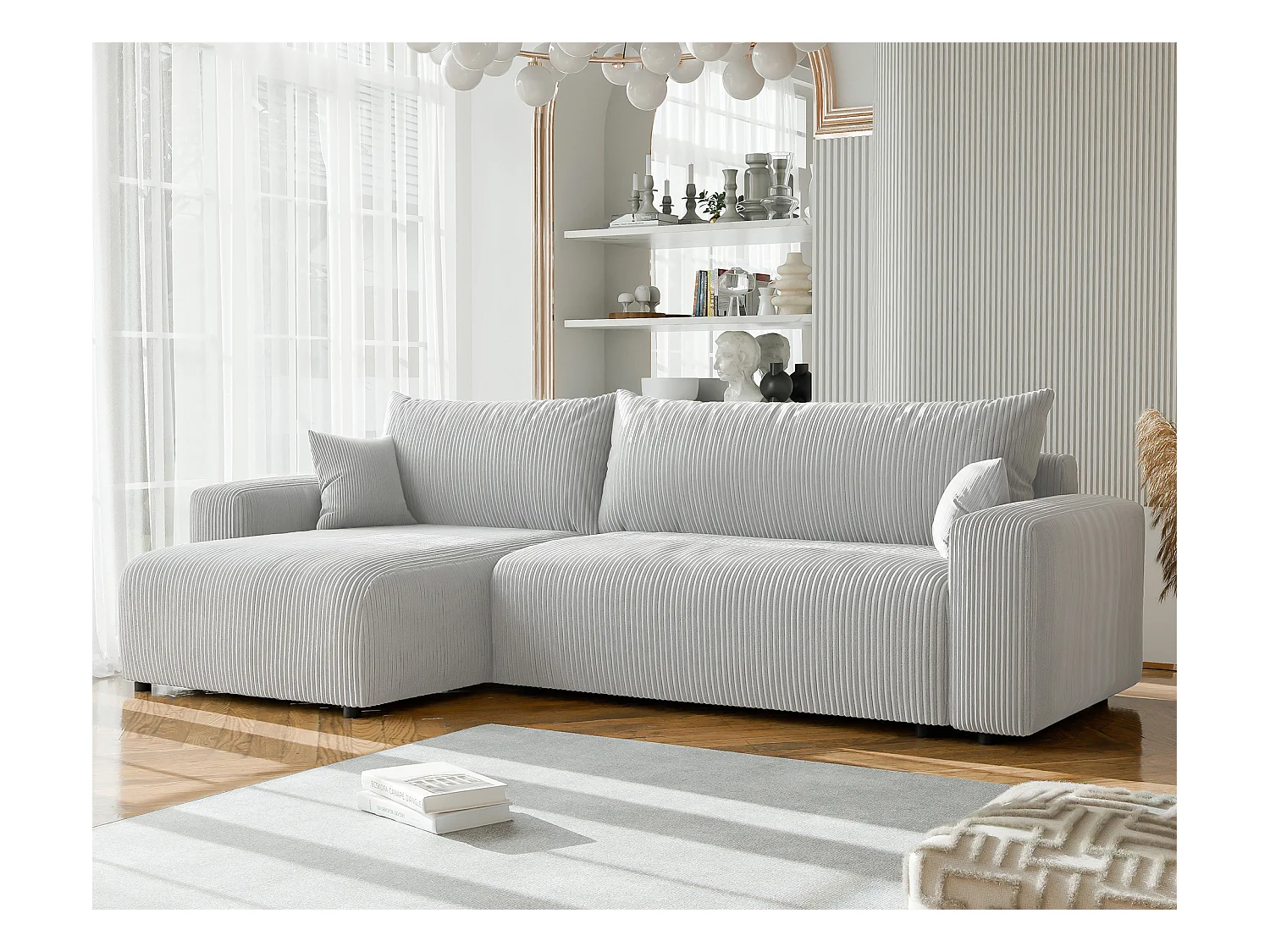 Canapé d'angle convertible tissu velours côtelé gris clair