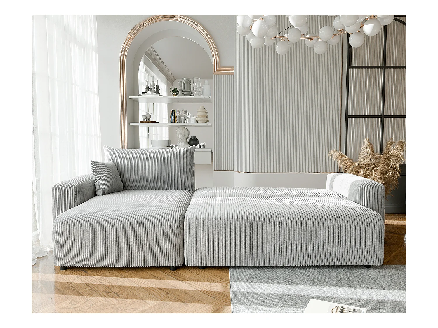 Canapé d'angle convertible tissu velours côtelé gris clair