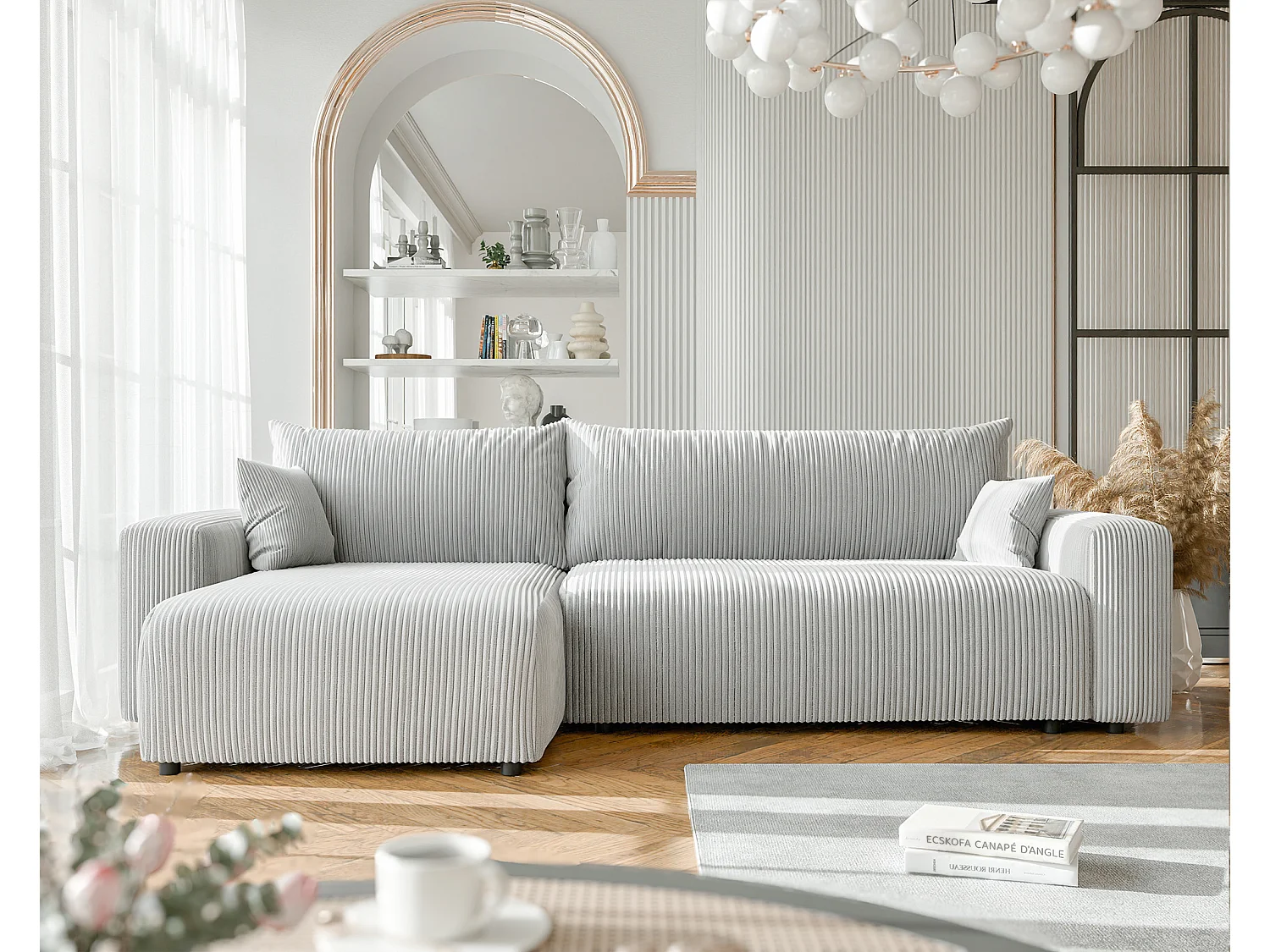 Canapé d'angle convertible tissu velours côtelé gris clair