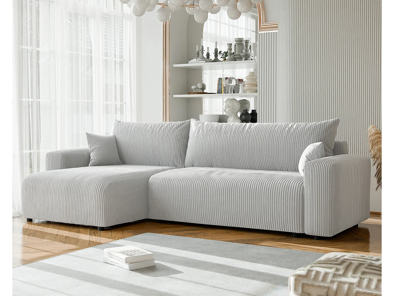 Canapé d'angle convertible tissu velours côtelé gris clair