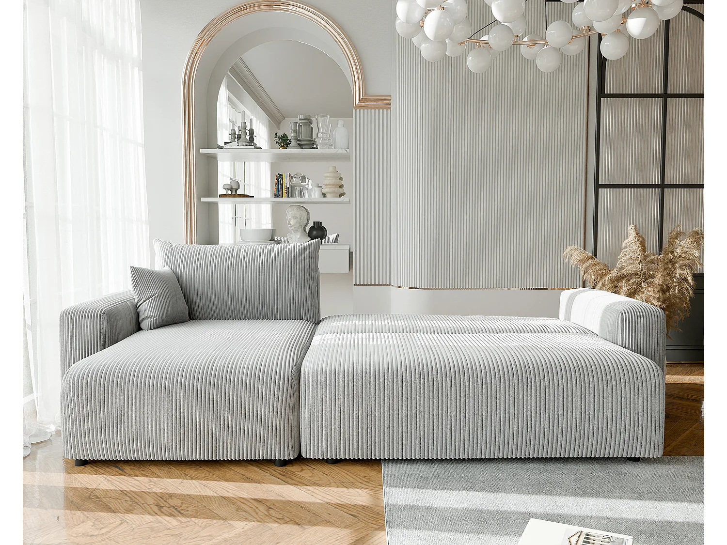 Canapé d'angle convertible tissu velours côtelé gris clair