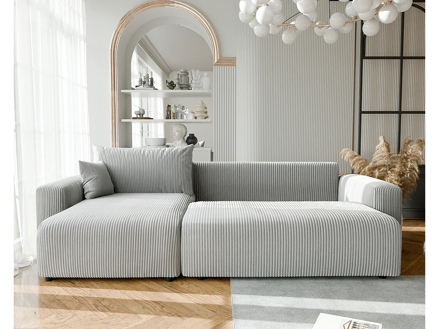 Canapé d'angle convertible tissu velours côtelé gris clair