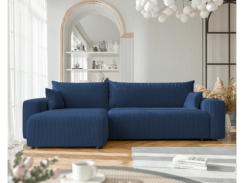 Canapé d'angle convertible tissu velours côtelé cobalt