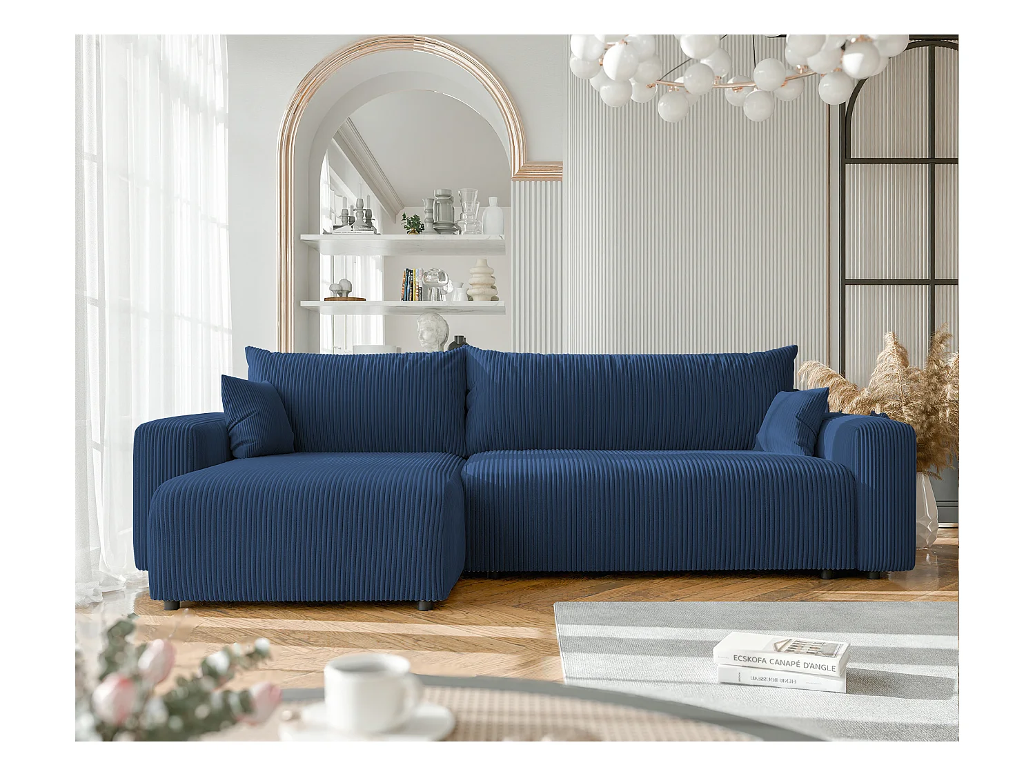 Canapé d'angle convertible tissu velours côtelé cobalt