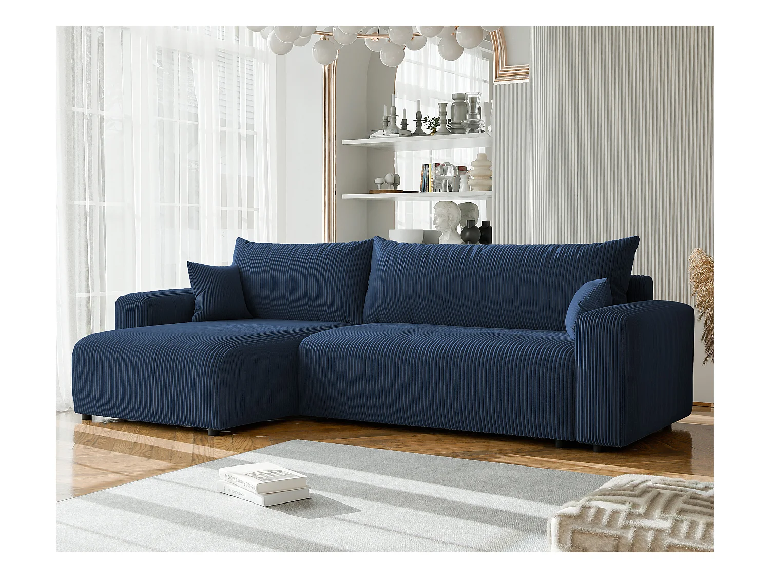 Canapé d'angle convertible tissu velours côtelé cobalt