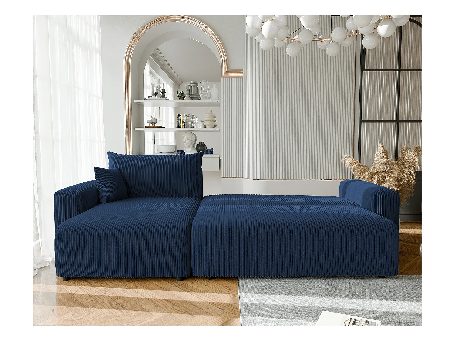 Canapé d'angle convertible tissu velours côtelé cobalt