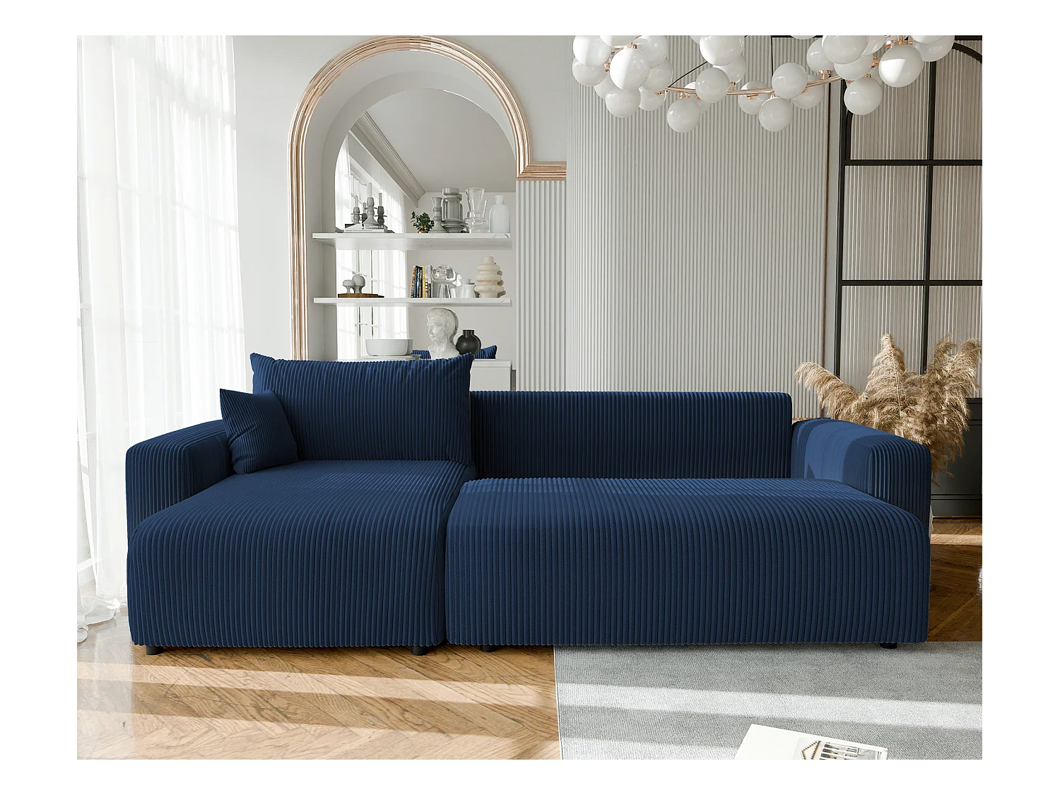 Canapé d'angle convertible tissu velours côtelé cobalt