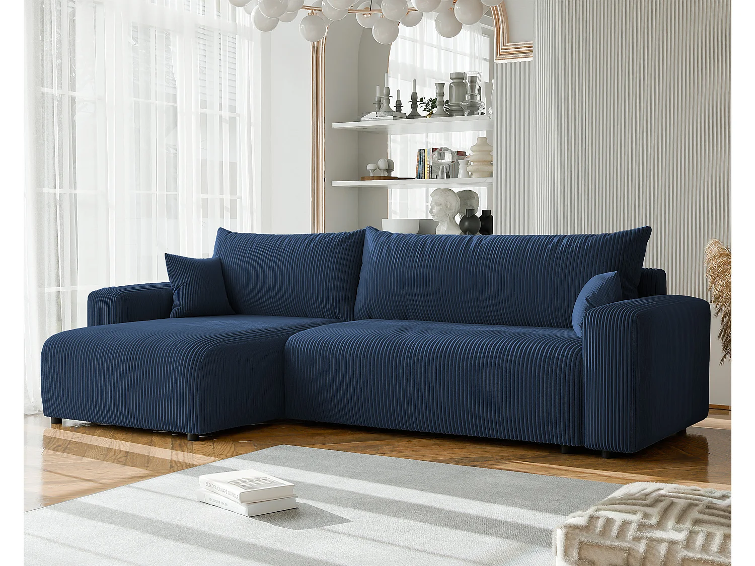 Canapé d'angle convertible tissu velours côtelé cobalt