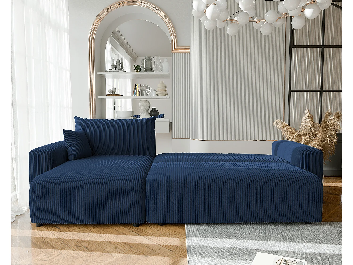 Canapé d'angle convertible tissu velours côtelé cobalt