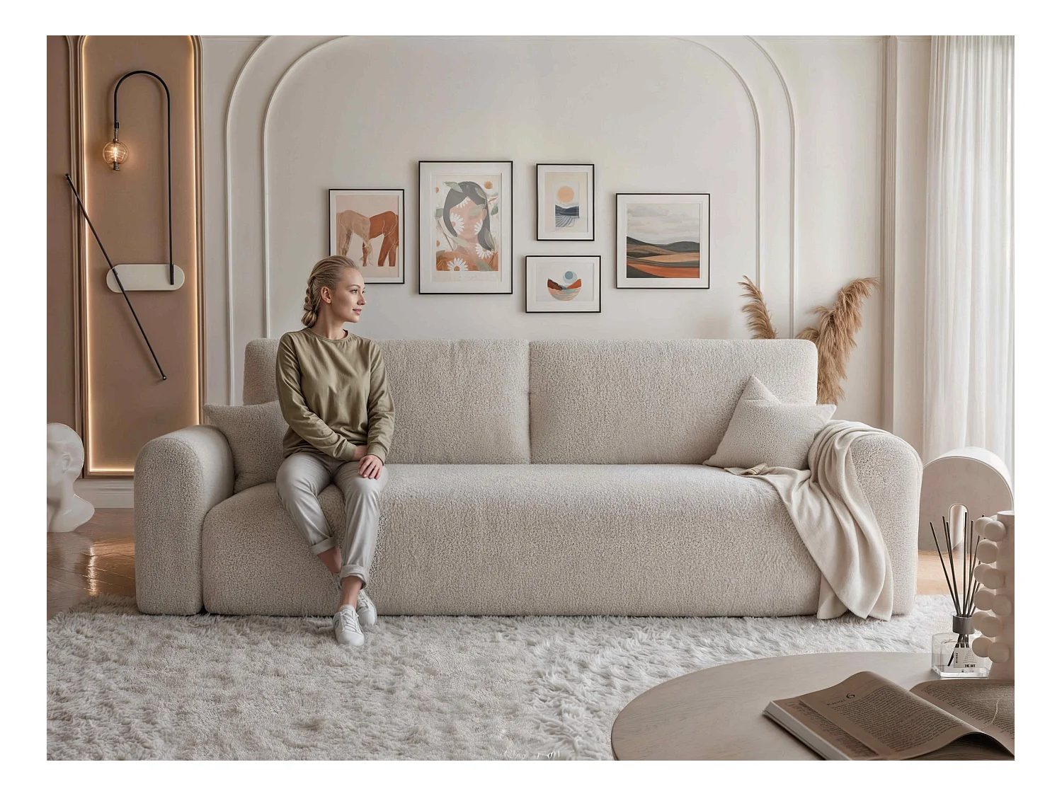 Canapé Jobo réversible convertible en tissu Beige