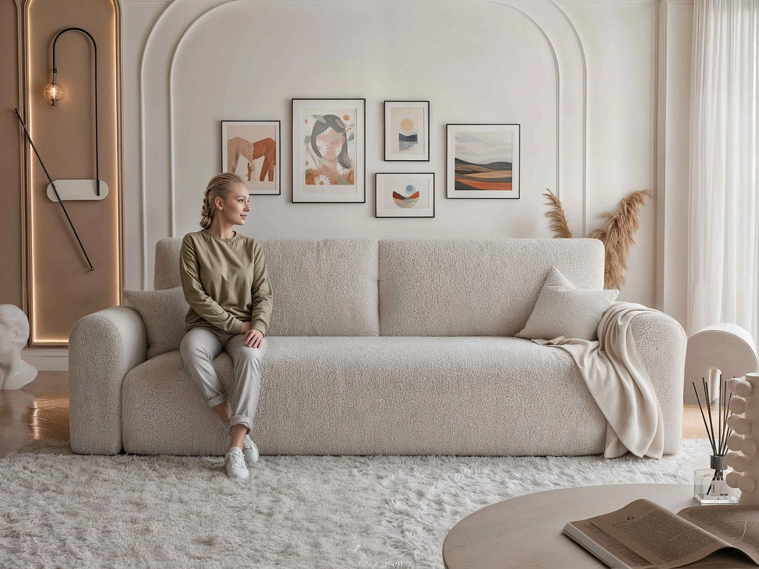 Canapé Jobo réversible convertible en tissu Beige