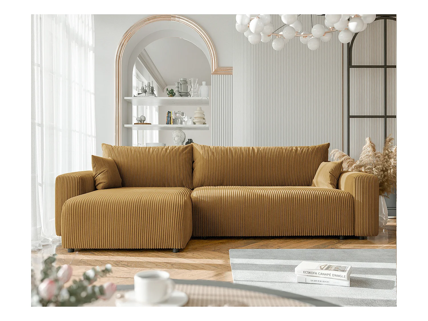 Canapé d'angle convertible tissu velours côtelé moutarde