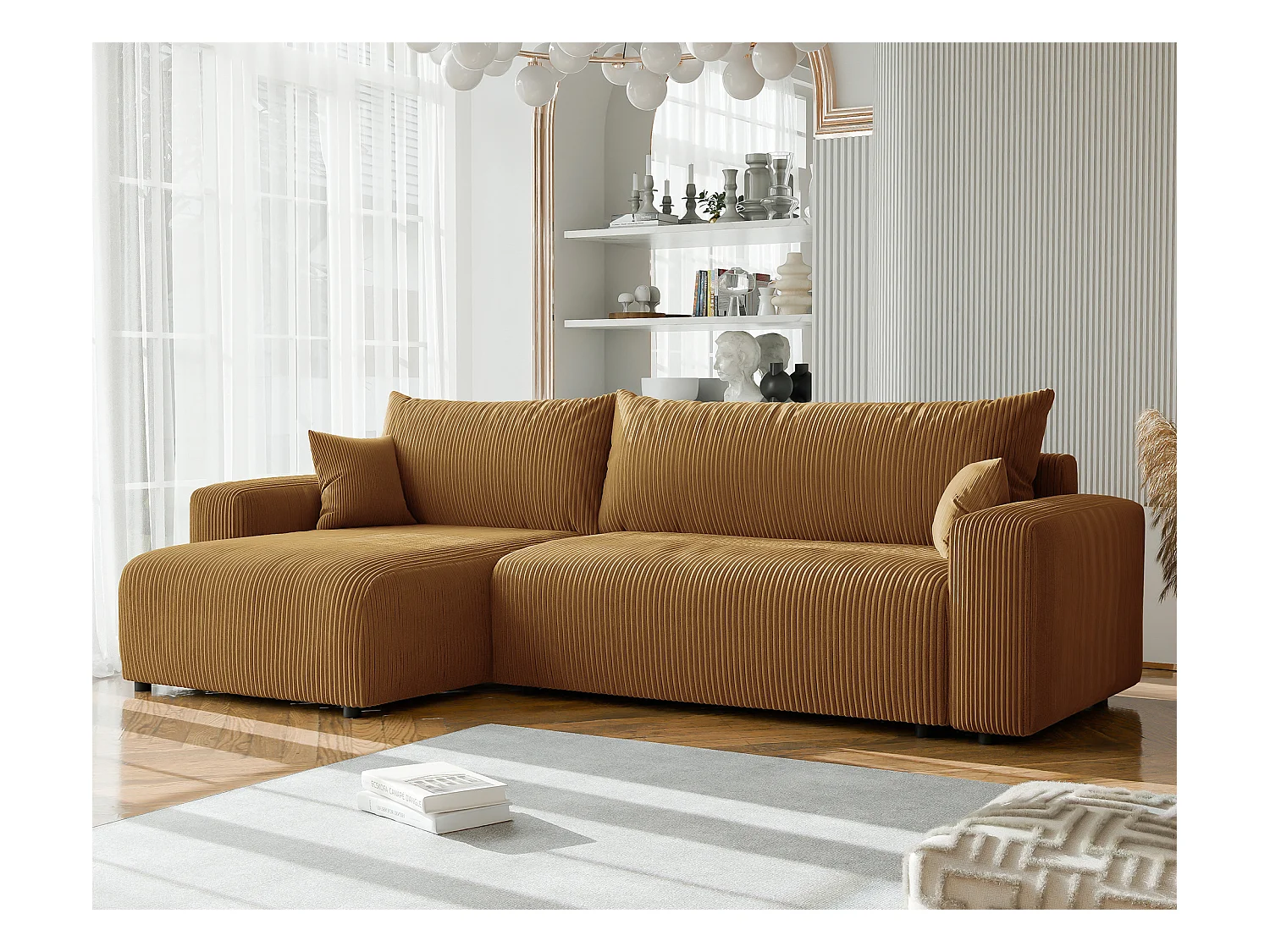 Canapé d'angle convertible tissu velours côtelé moutarde