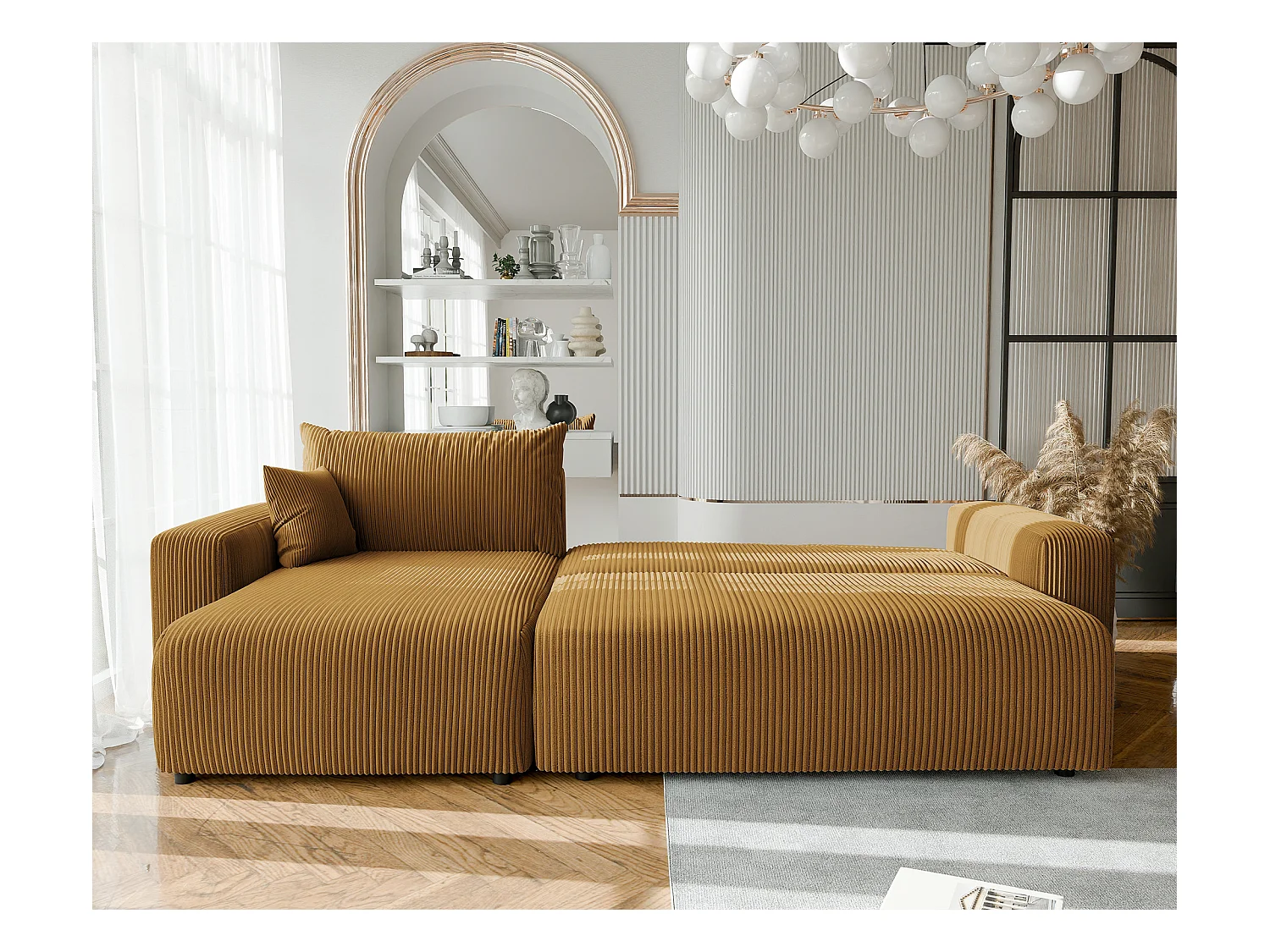 Canapé d'angle convertible tissu velours côtelé moutarde