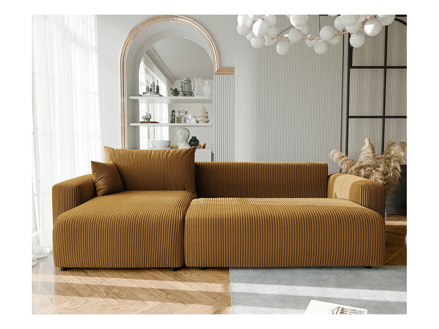 Canapé d'angle convertible tissu velours côtelé moutarde