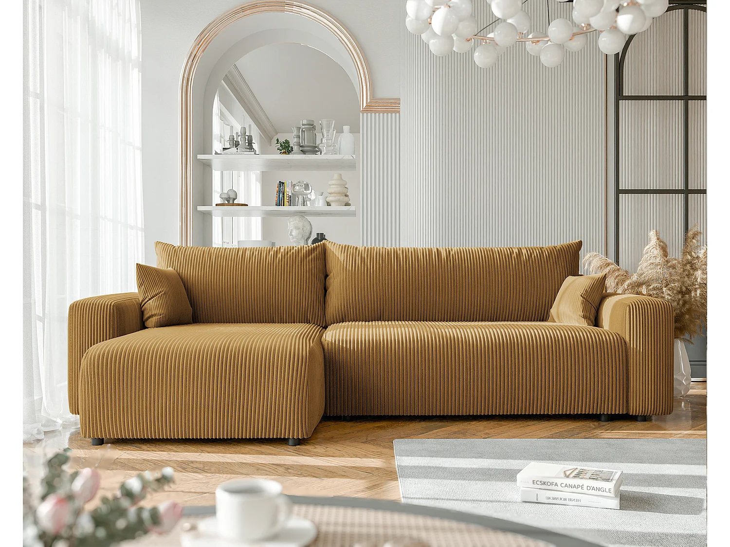 Canapé d'angle convertible tissu velours côtelé moutarde