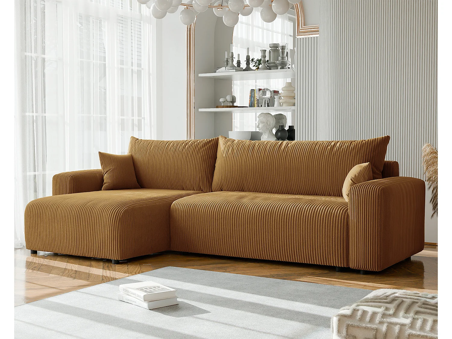 Canapé d'angle convertible tissu velours côtelé moutarde