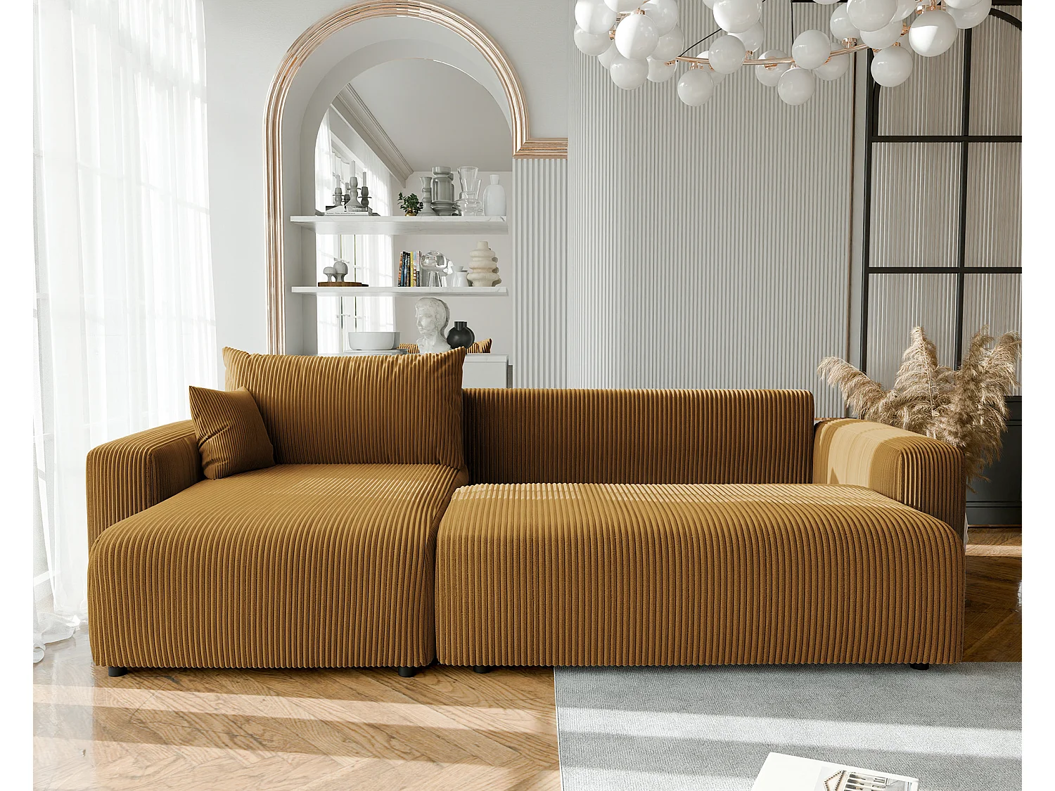 Canapé d'angle convertible tissu velours côtelé moutarde