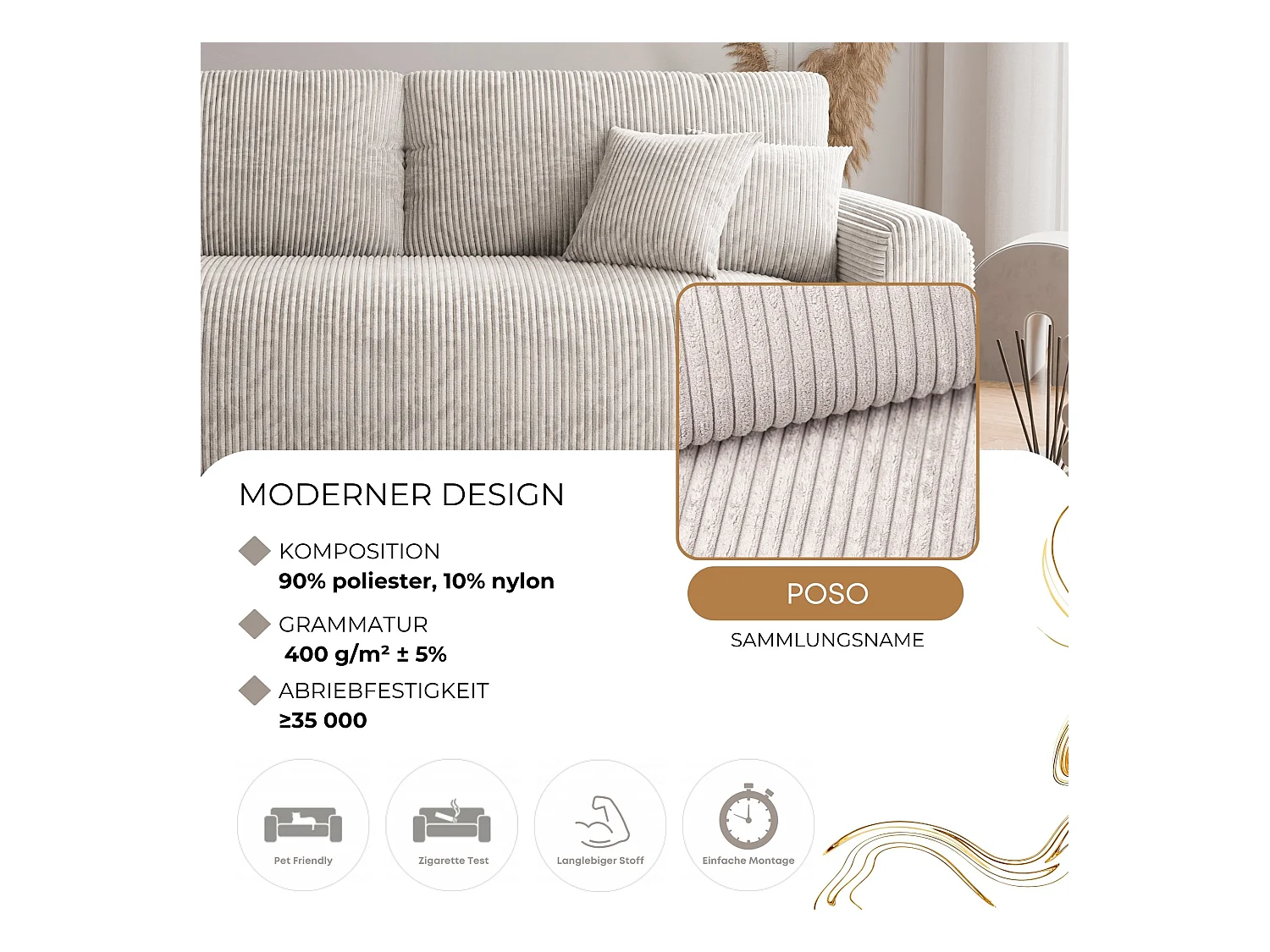 Canapé Jobo réversible convertible en tissu Beige