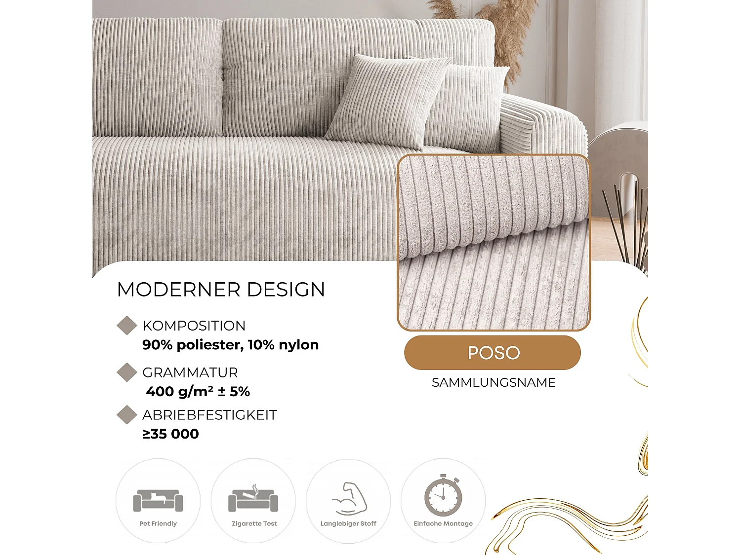 Canapé Jobo réversible convertible en tissu Beige