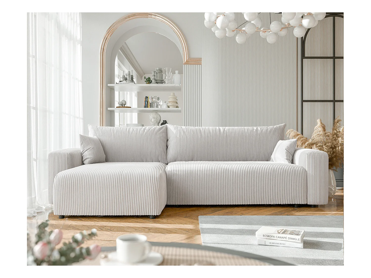 Canapé d'angle convertible tissu velours côtelé vanille