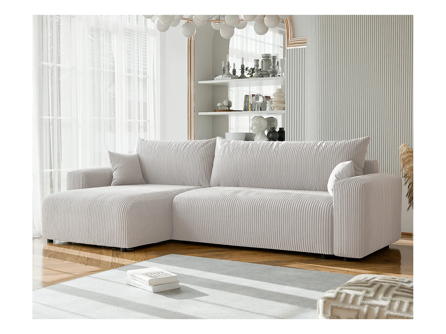 Canapé d'angle convertible tissu velours côtelé vanille