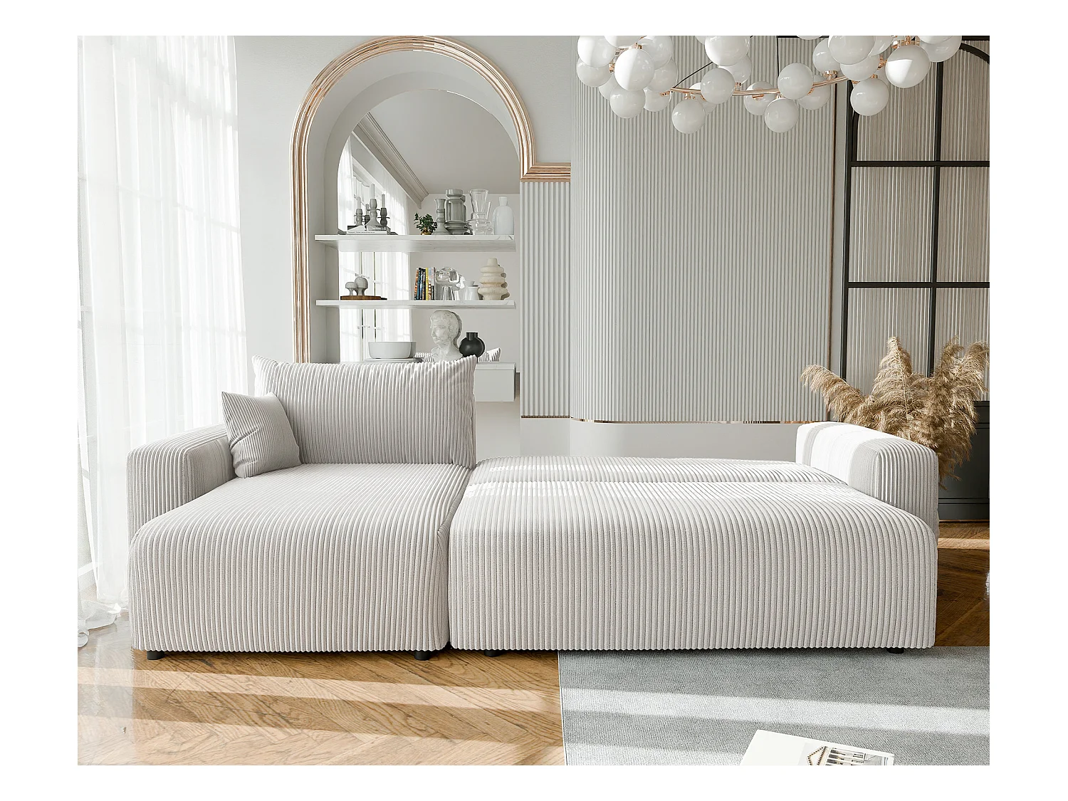 Canapé d'angle convertible tissu velours côtelé vanille